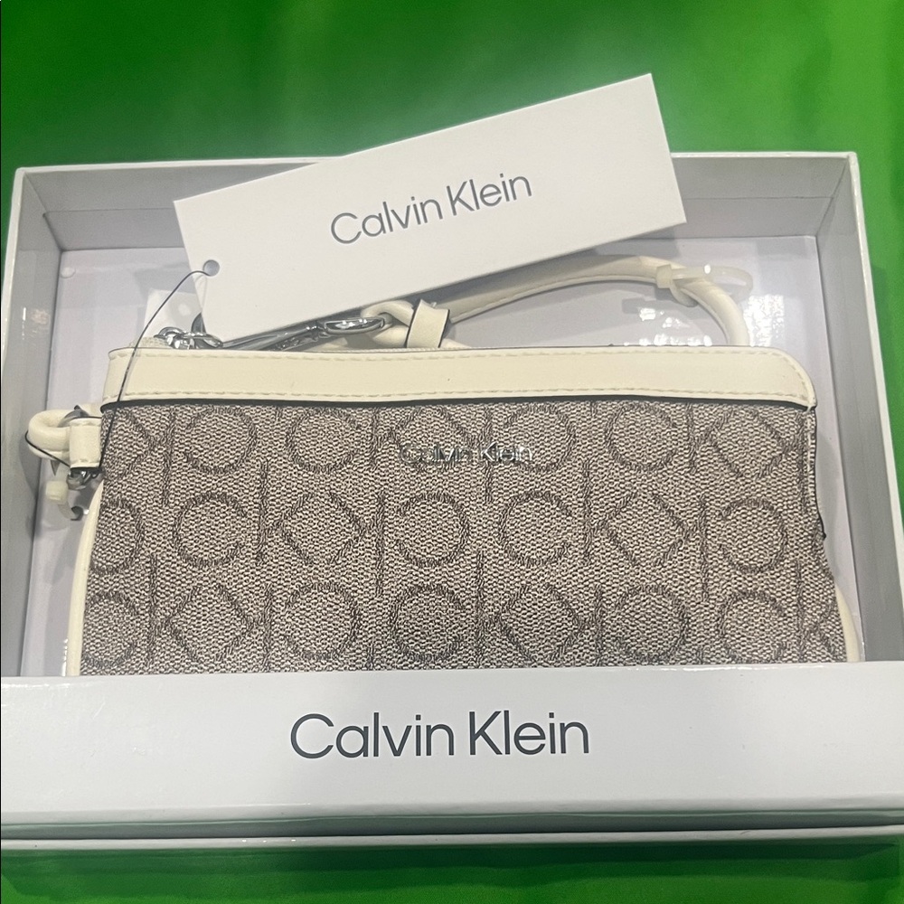 Calvin Klein almond and white Logo Wristlet